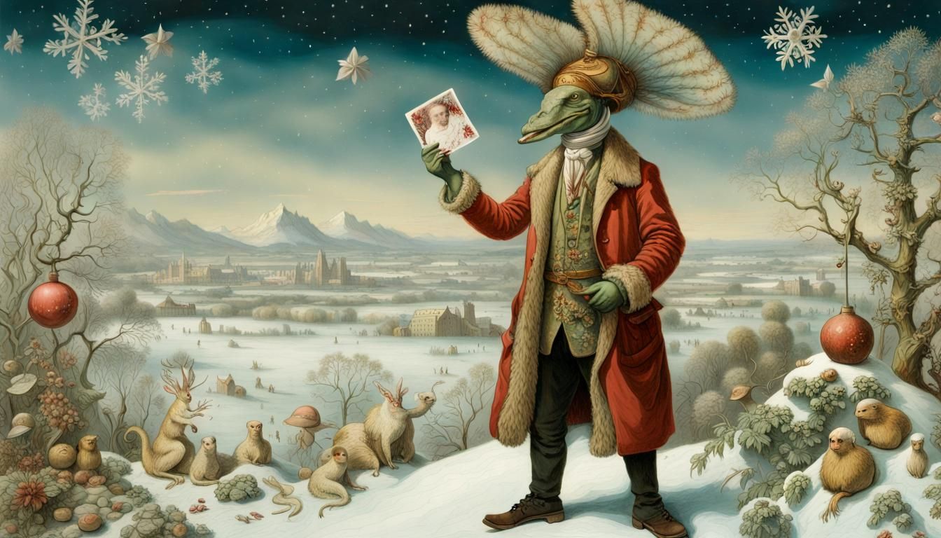 Alligator-headed Man in Snow, Fractal Art Style