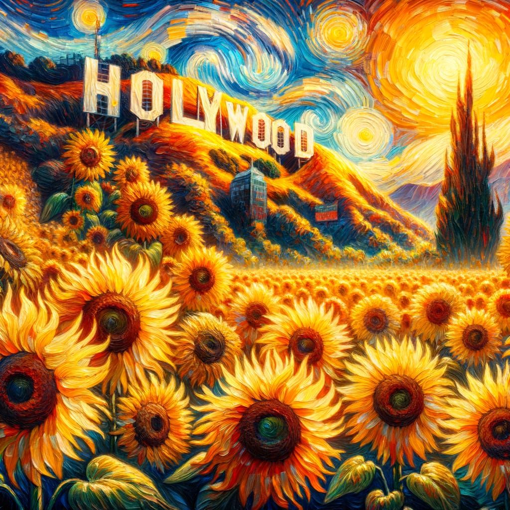 Sunflowers Before Hollywood Sign in Impressionistic Style