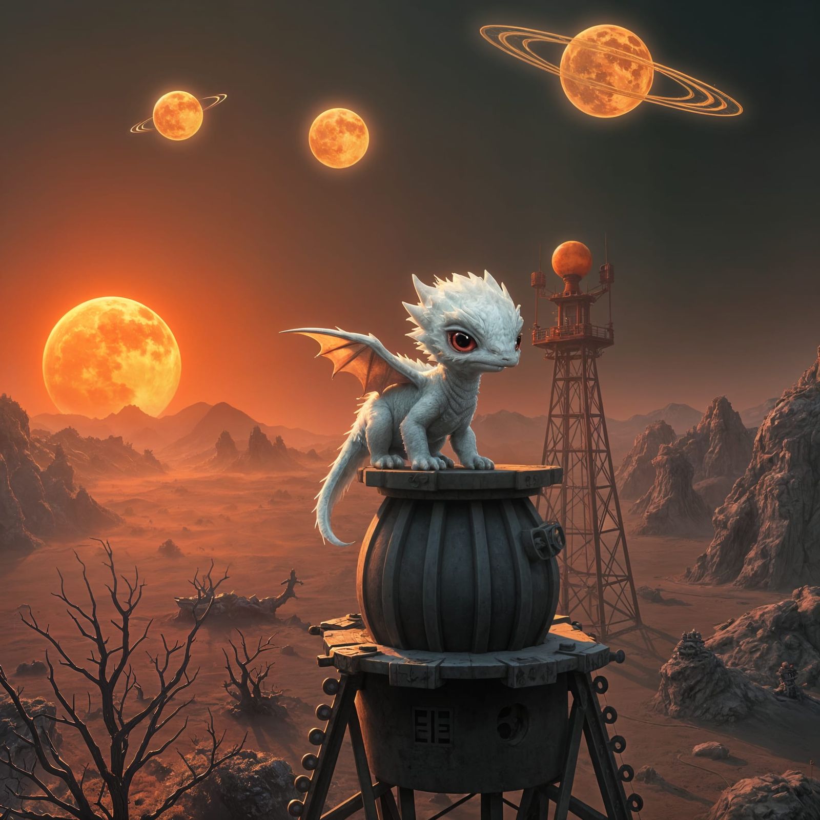 Three Suns Over Chinese Landscape With Dragon