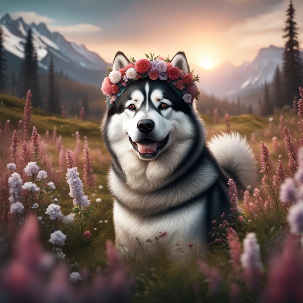 Alaskan Malamute in Flower Field: Fantasy Art