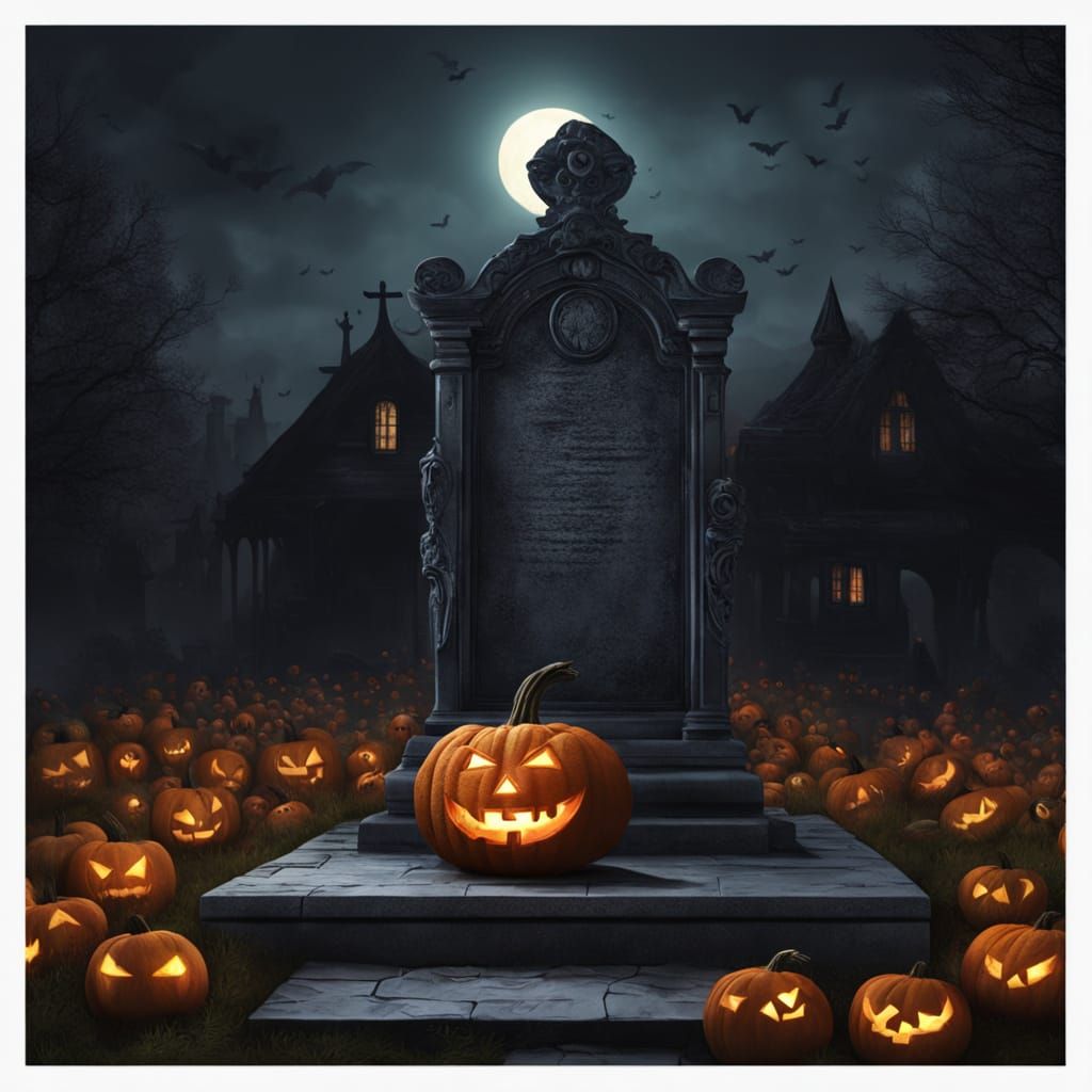 Evil Jack-o'-Lantern on Tombstone at Night