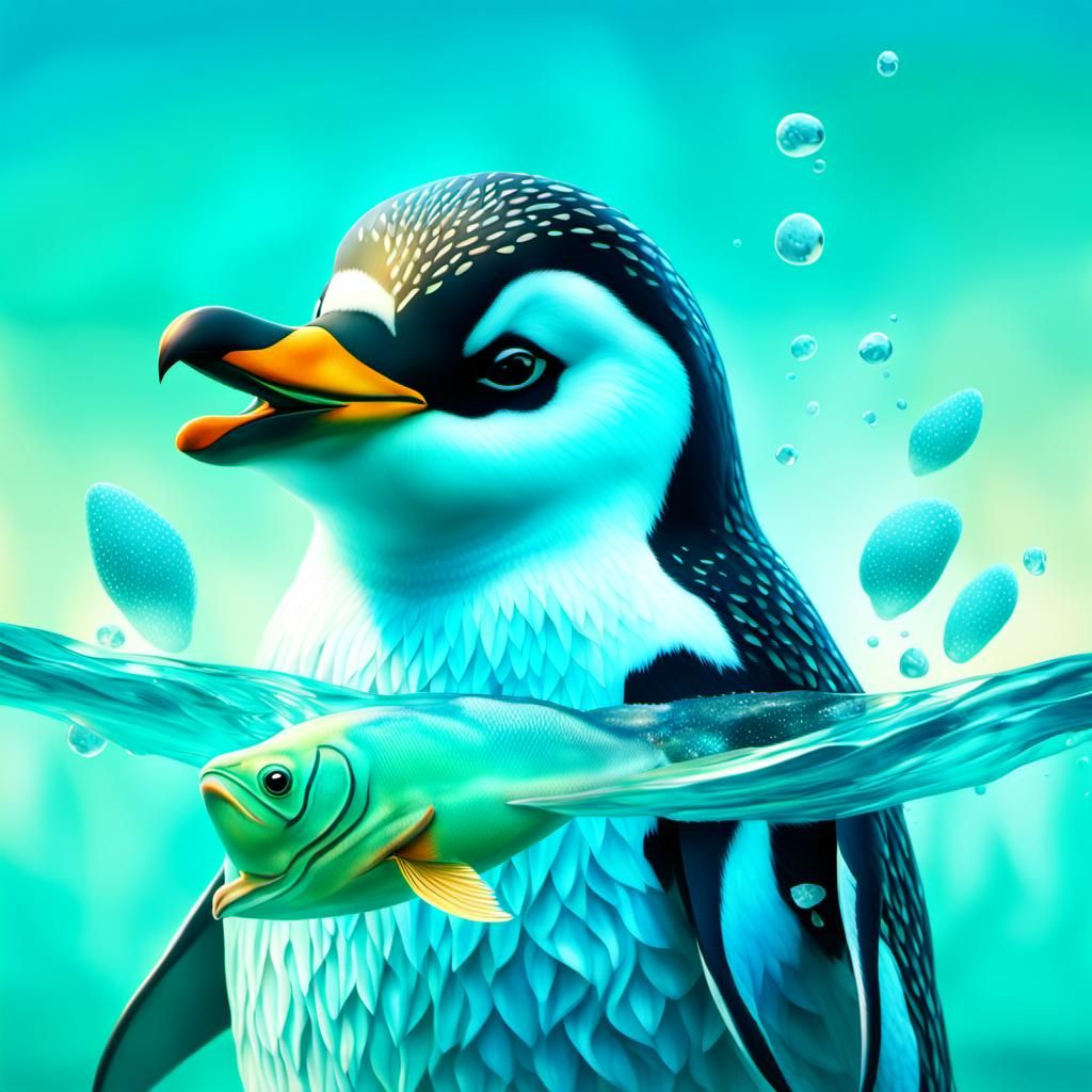 Penguin's Underwater Feast: Vibrant Digital Art