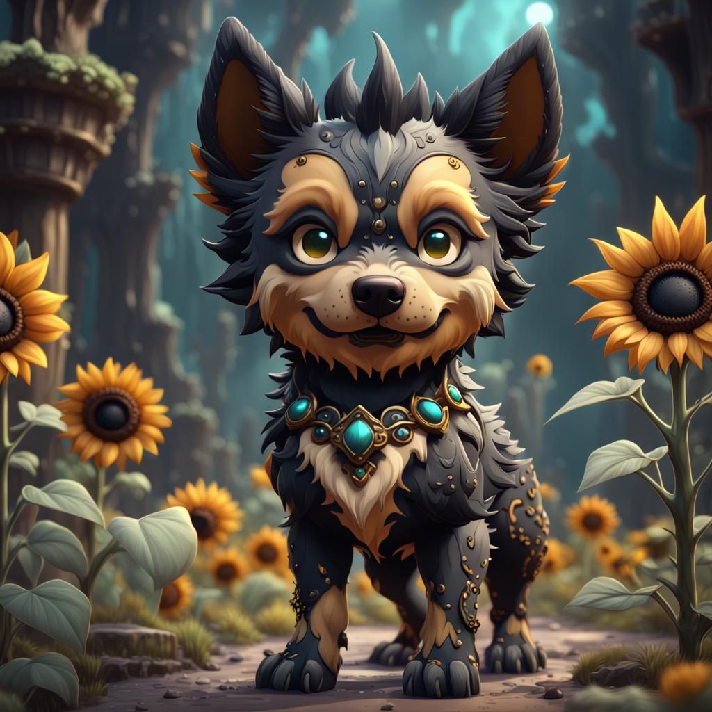 Chibi Black Sunflower Dingo: Fantasy Concept Art