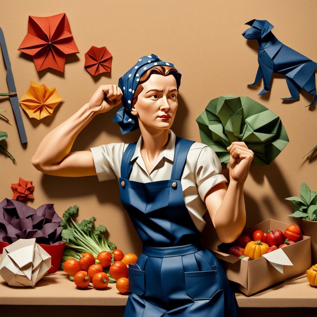 Rosie the Riveter Tending Victory Garden in Origami Style