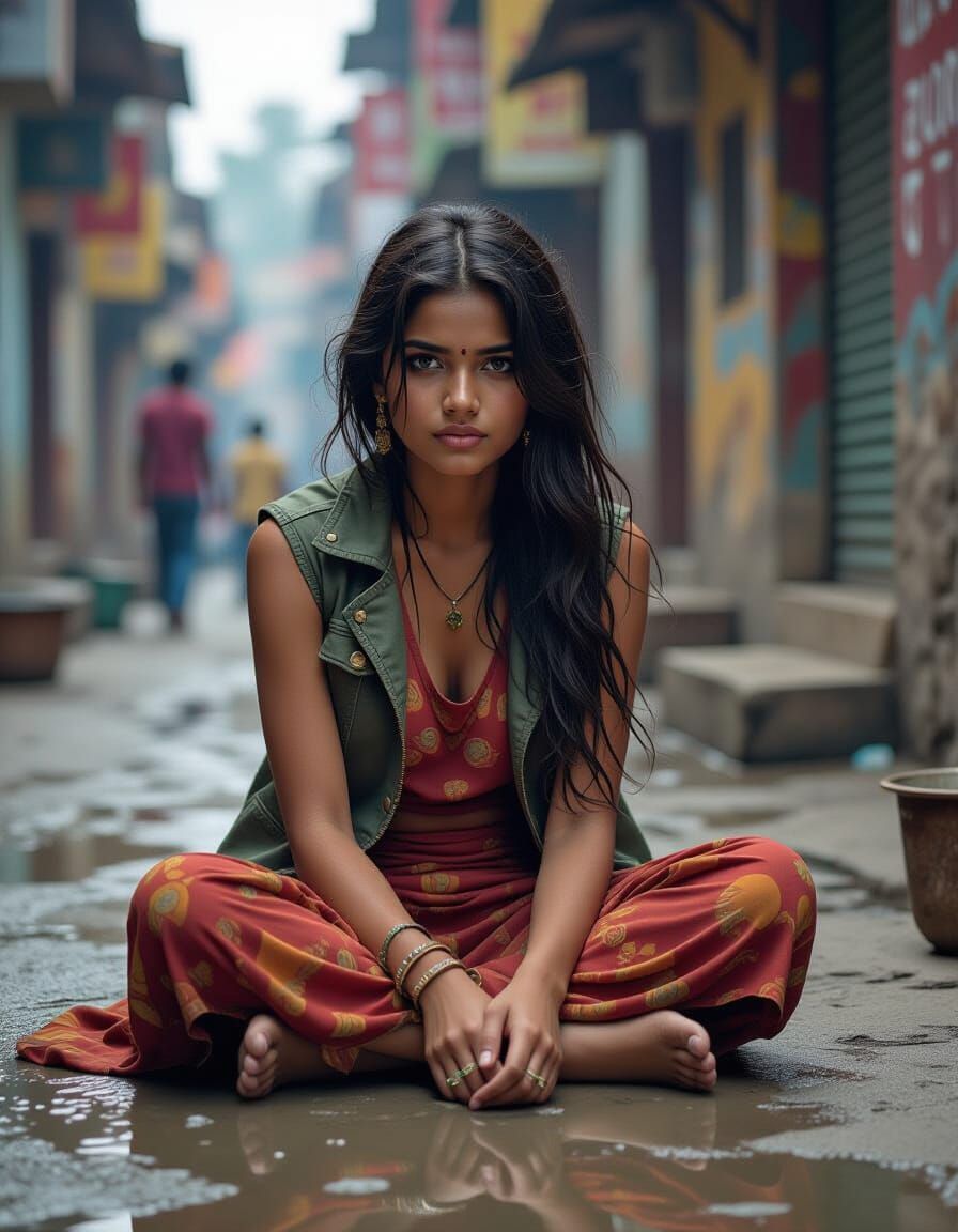 Indian Girl in Poverty: Hyperrealistic Splash Art