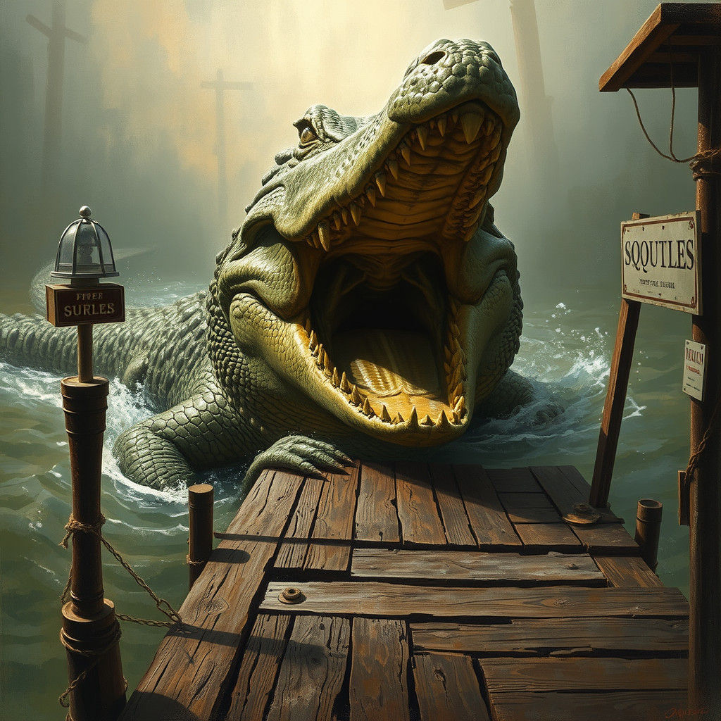 Ancient Crocodile Attacks Dock in Oil Painting Style