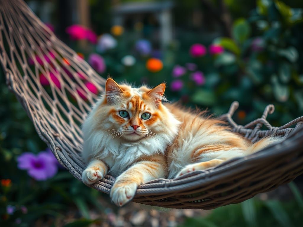 Persian Cat Lounging in Garden Hammock