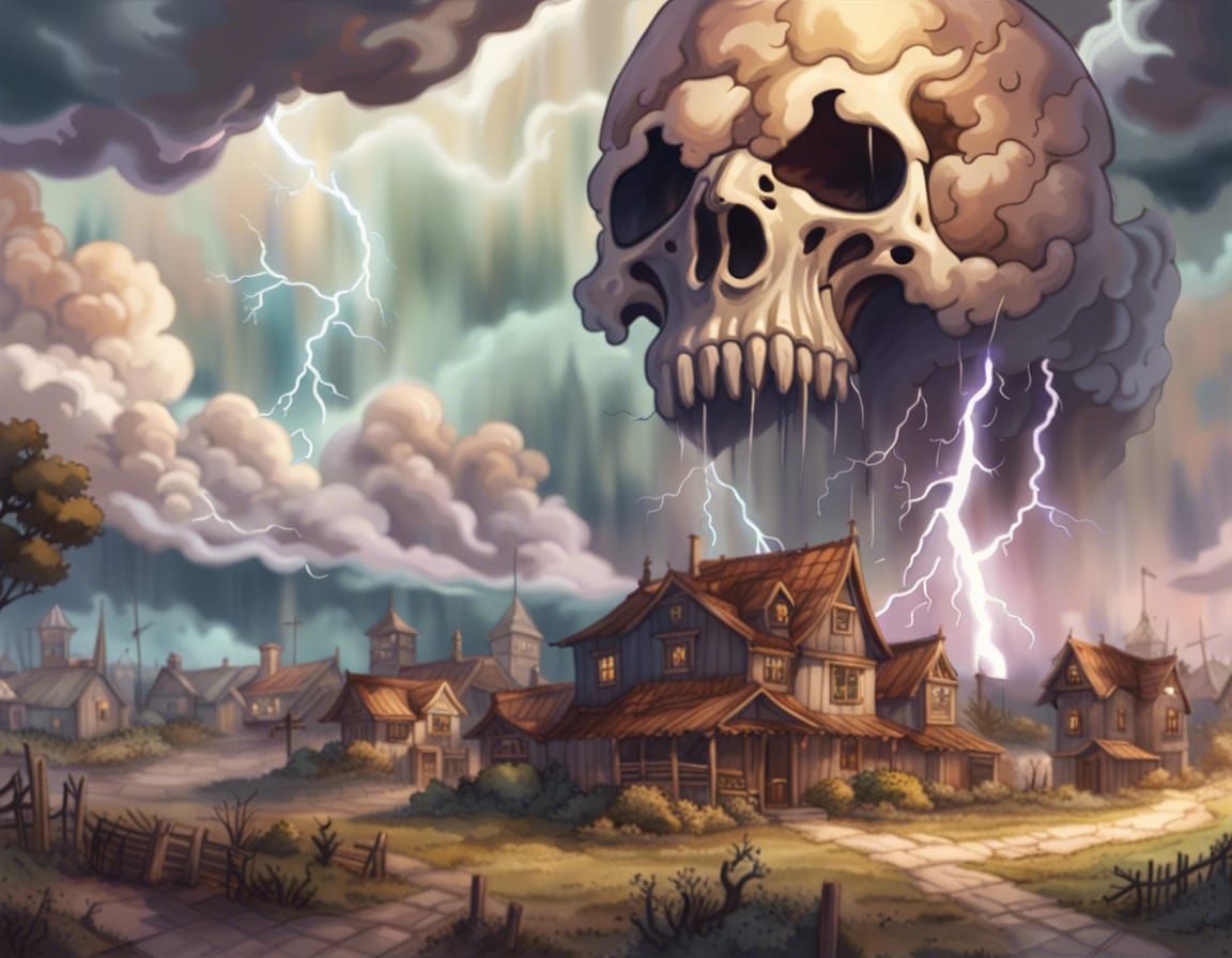 Lightning Storm Over Village with Skull Clouds