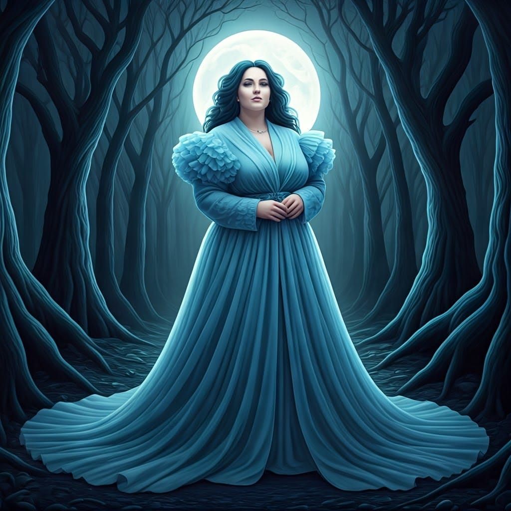 A plus-sized, curvy woman with a soft, cuddly appearance, wears a flowing, long, blue tulle robe with soft layers of puf...