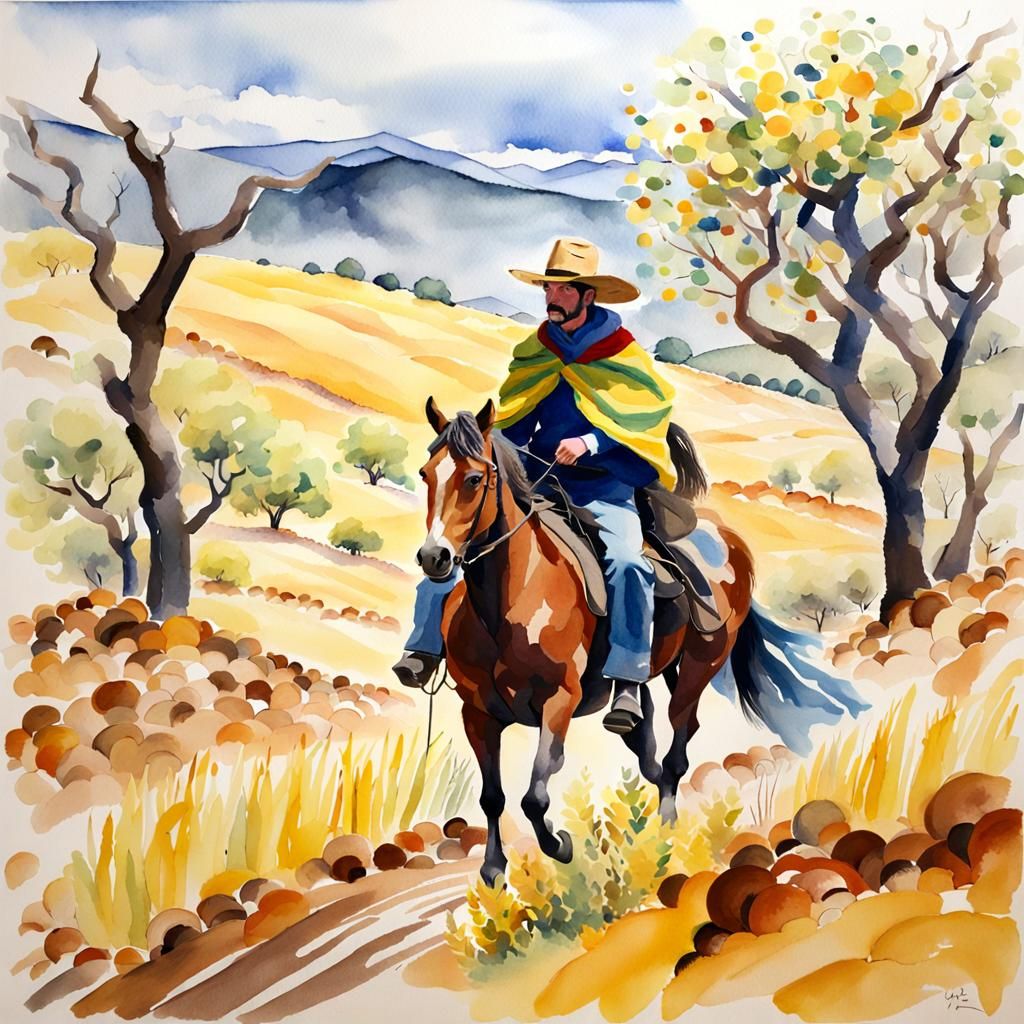 Vaquero on Horseback: Impressionistic Watercolor