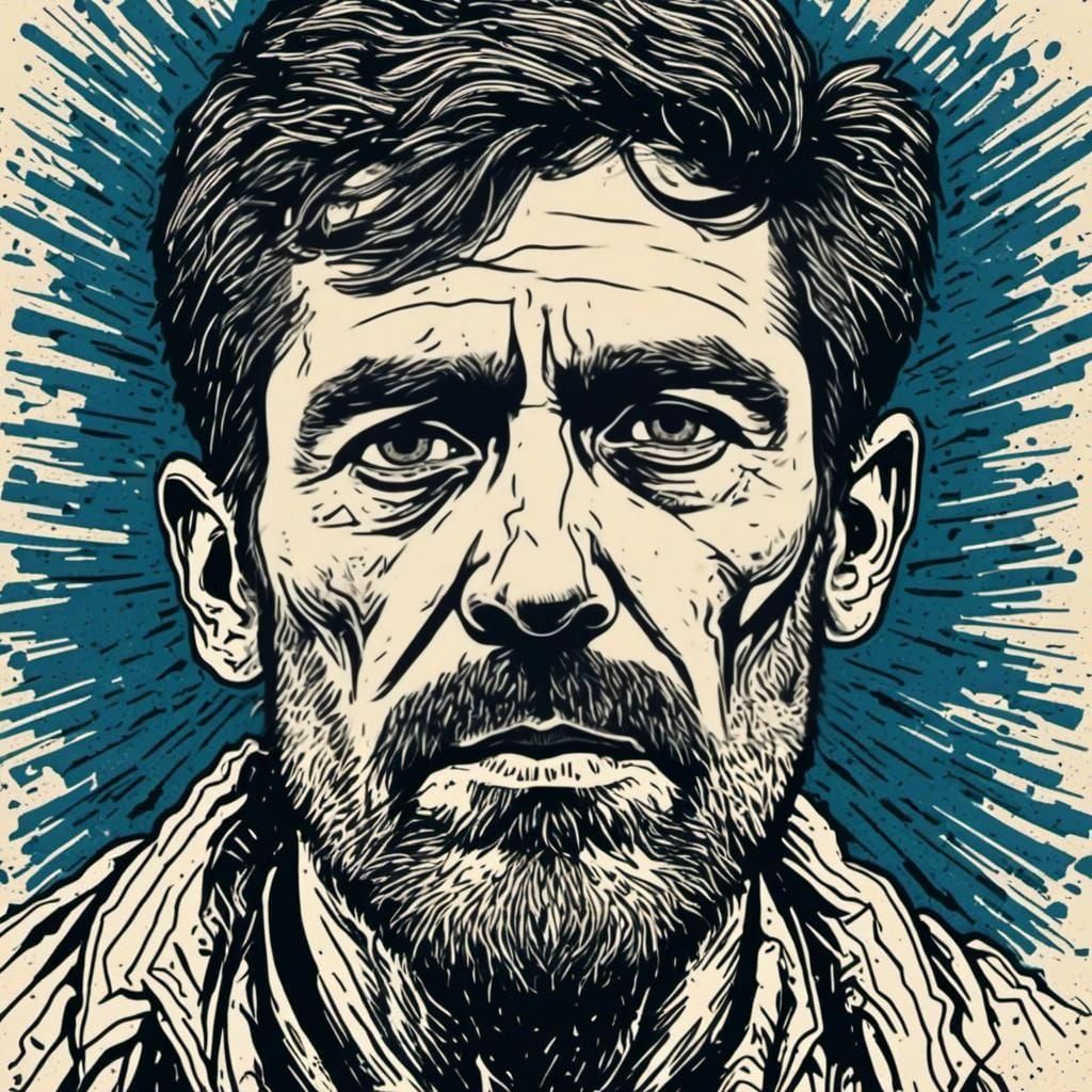 Detailed Screen Print Portrait of a Sad Man