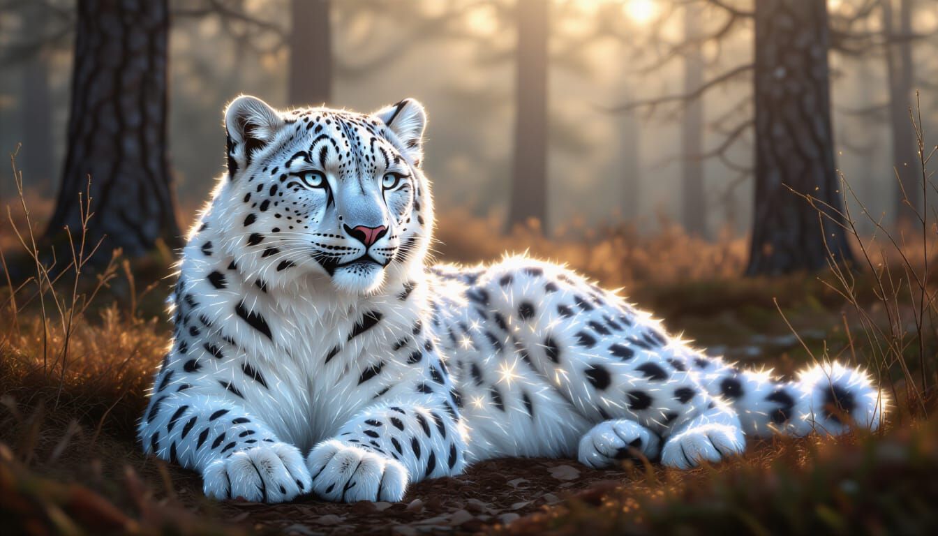 Crystal Snow Leopard in Misty Autumn Woods