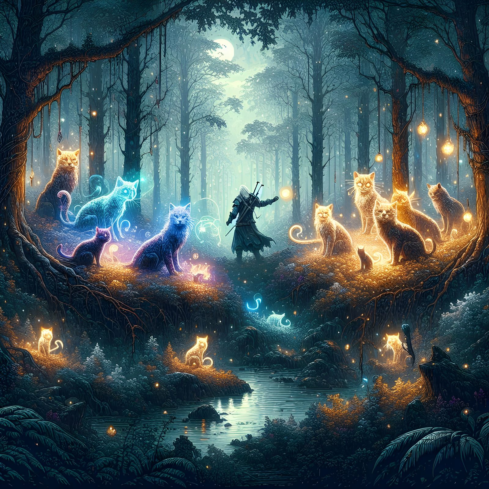 Fantasy Forest with Magical Cats Concept Art