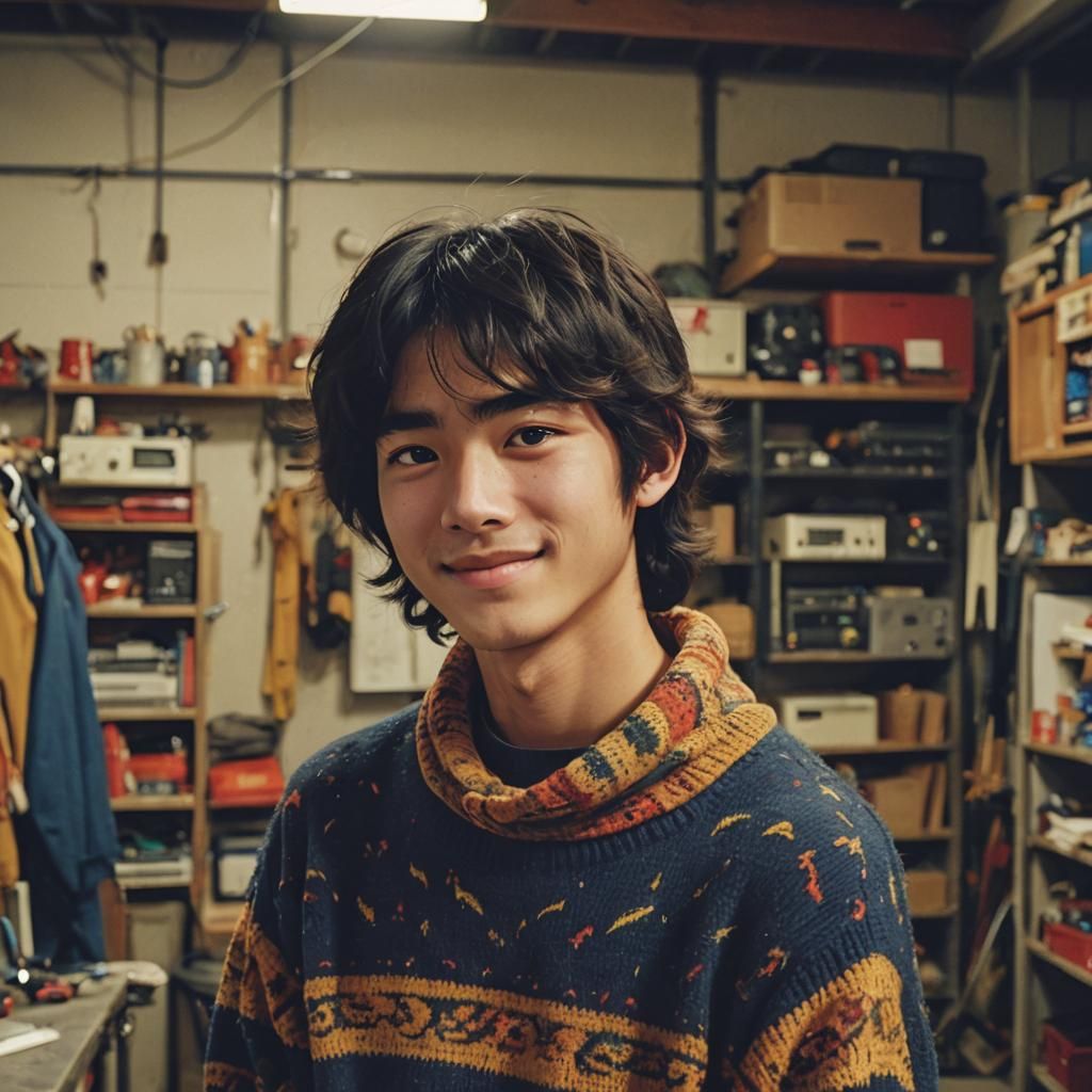 Teenage Korean Boy in Garage Band, Cinematic Film Still
