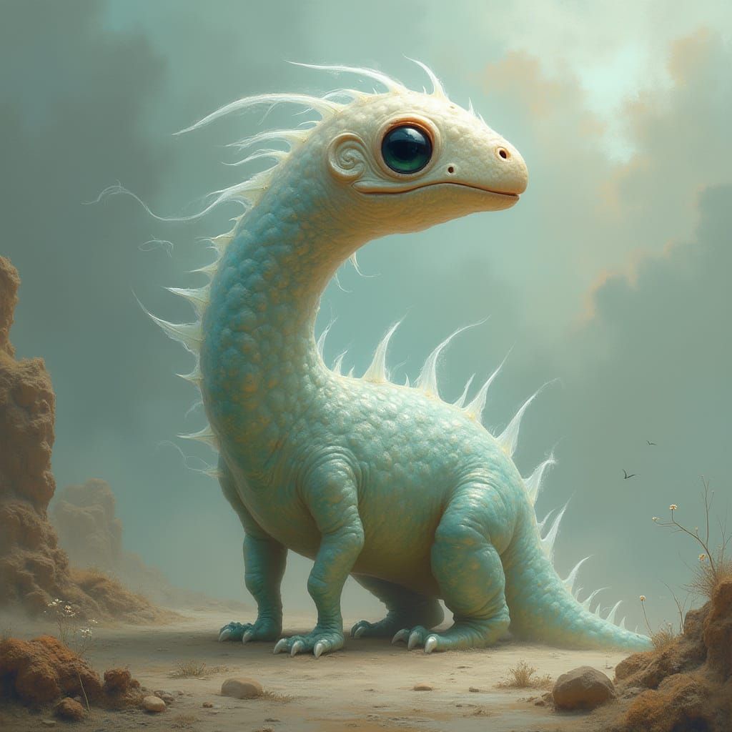 Dreamlike Dinosaur in Iridescent Skin, Ethereal Aura