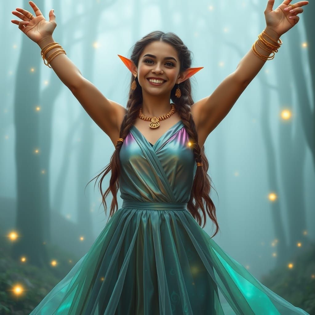 Beautiful Elf Woman in Misty Forest with Fireflies
