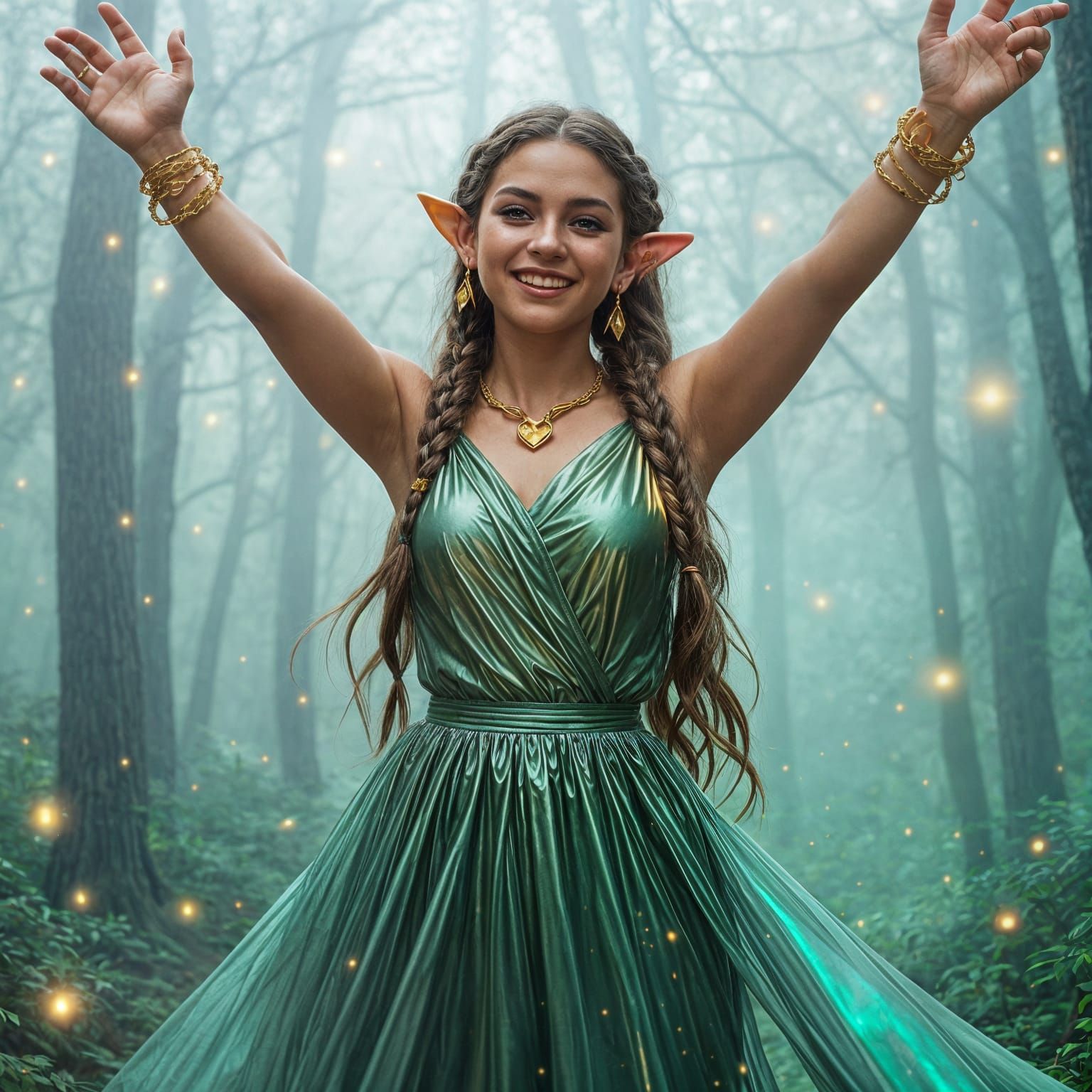 Ethereal Elf Woman in Firefly Forest