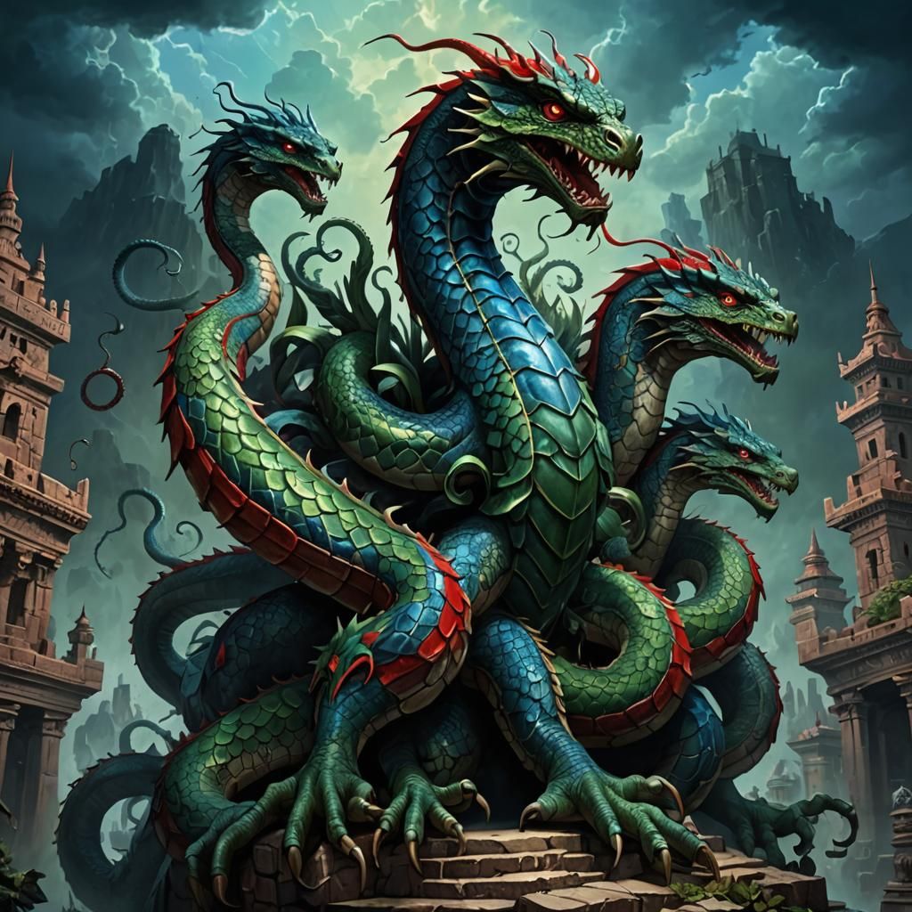 Detailed Hydra on Ziggurat in Dark Fantasy Art