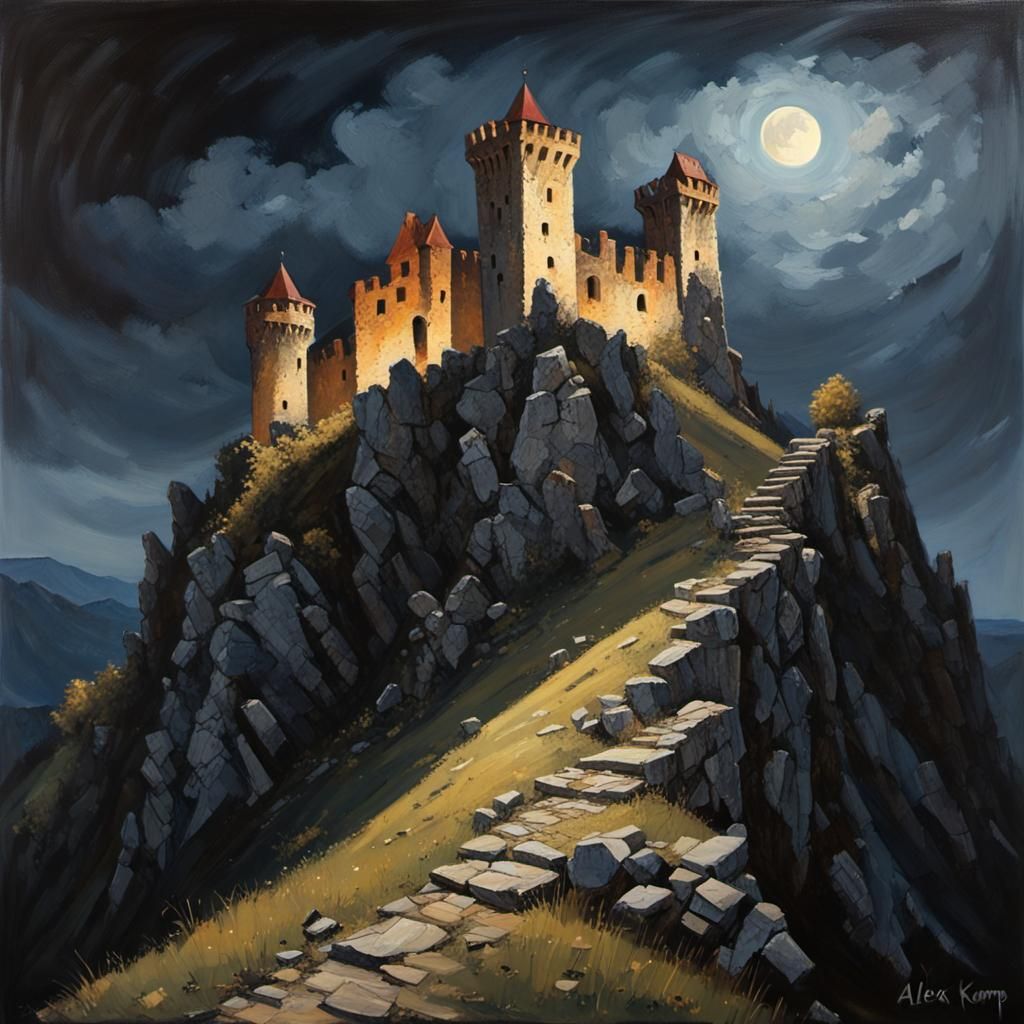 Ruined Castle in the Alps: Oil Painting