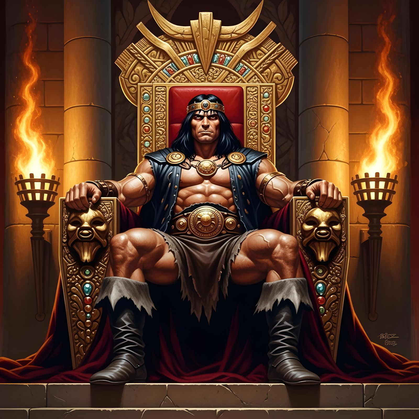 King Conan, sitting upon a gold jeweled throne, by Boris Val...