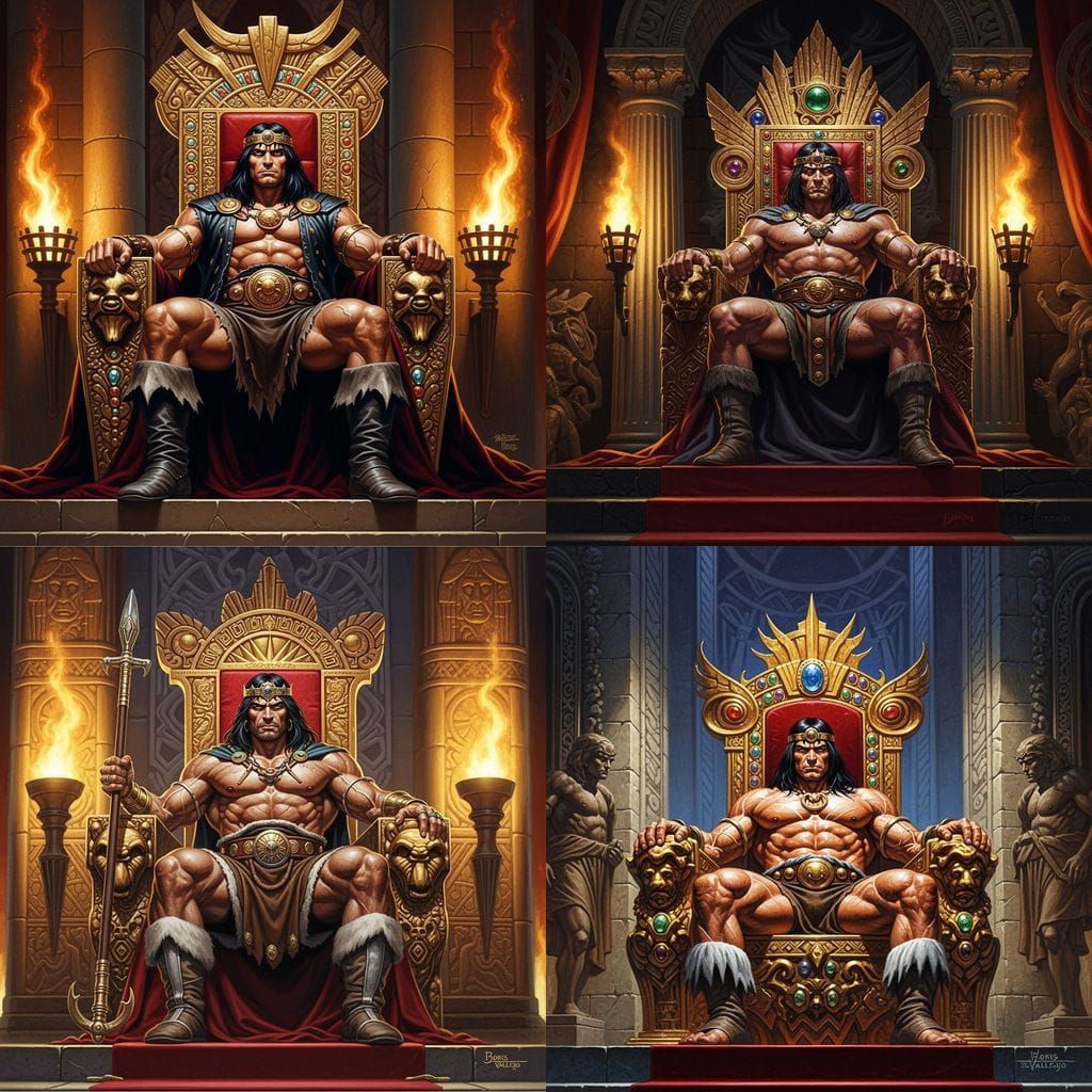 King Conan, sitting upon a gold jeweled throne, by Boris Val...