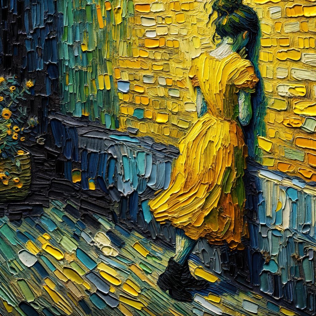 Yellow Girl Against Wall in Expressionist Impasto Style