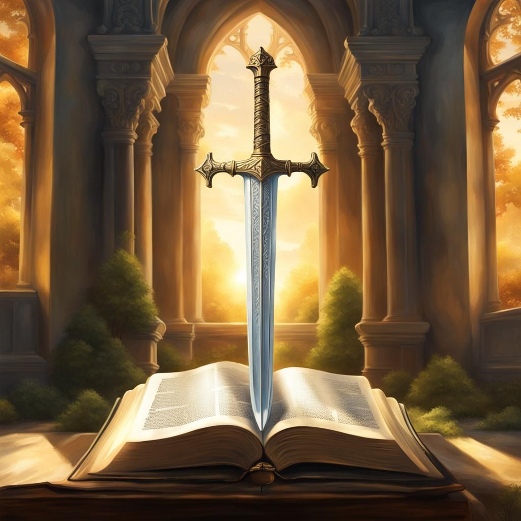 Excalibur Sword Pierces Bible with Heavenly Light