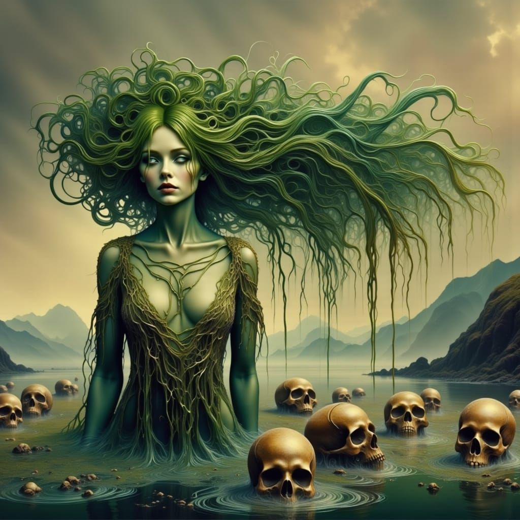 Eerie Moss-Haired Woman in Water, Art Nouveau Style