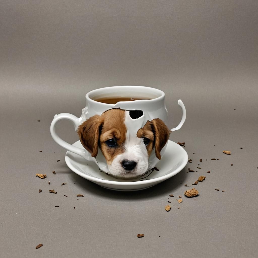Sad Puppy in Cracked Teacup: Minimalist Still Life