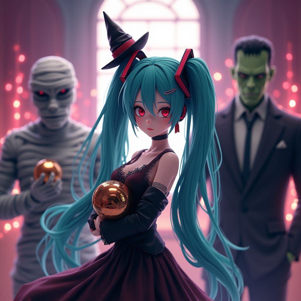 Hatsune Miku at a Haunted New Year's Ball with Monsters