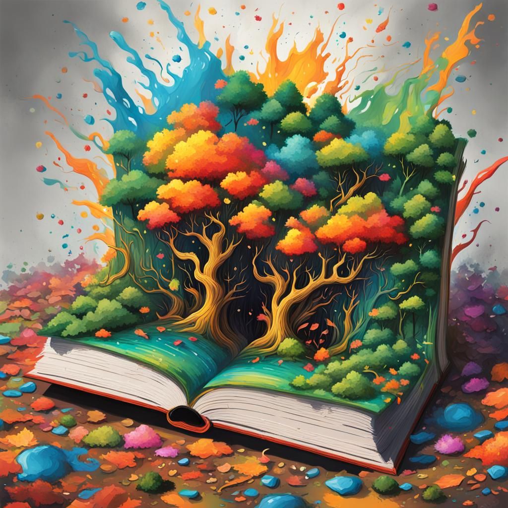 Exploding Book Forest in Graffiti Art Style