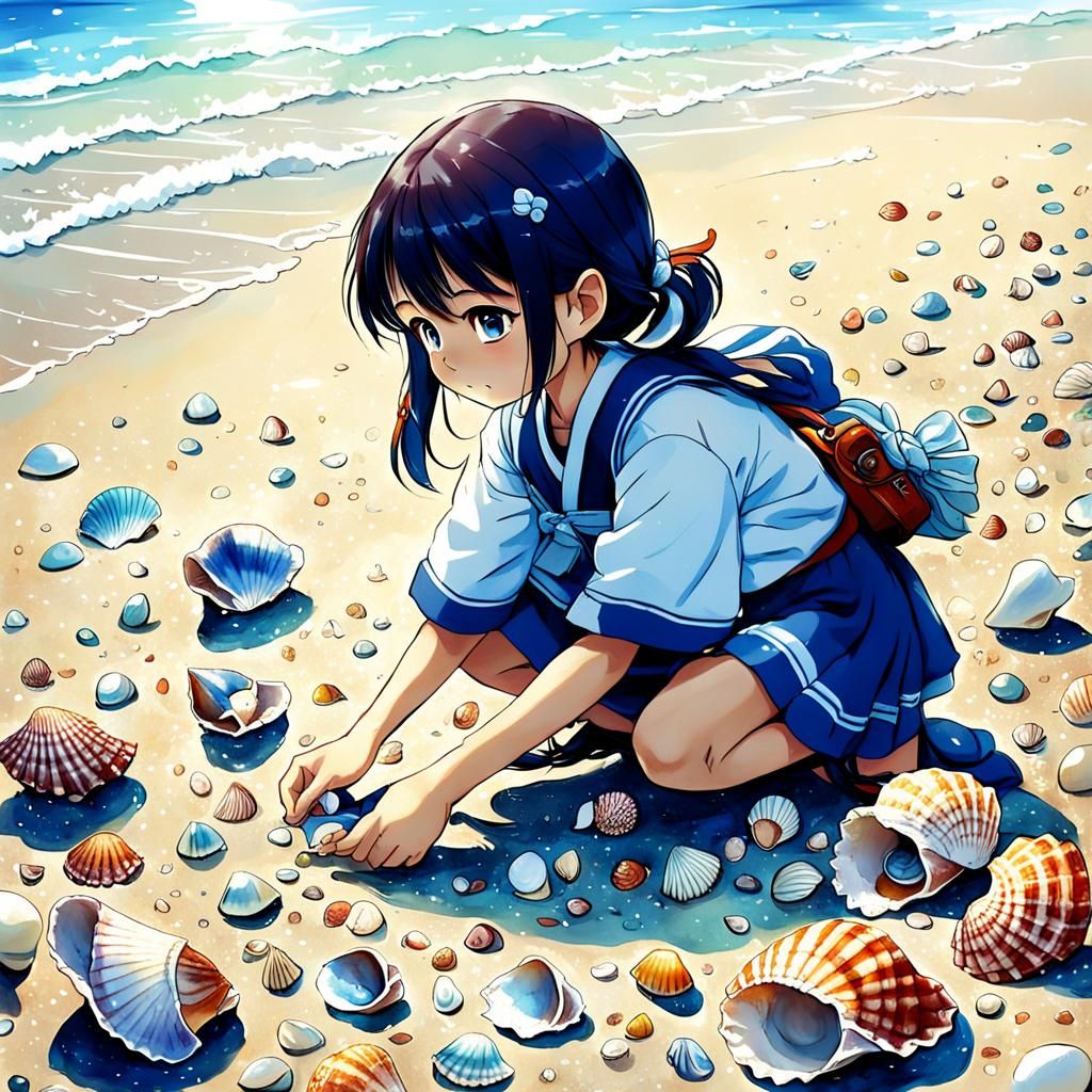 Girl Collects Seashells in Anime Style