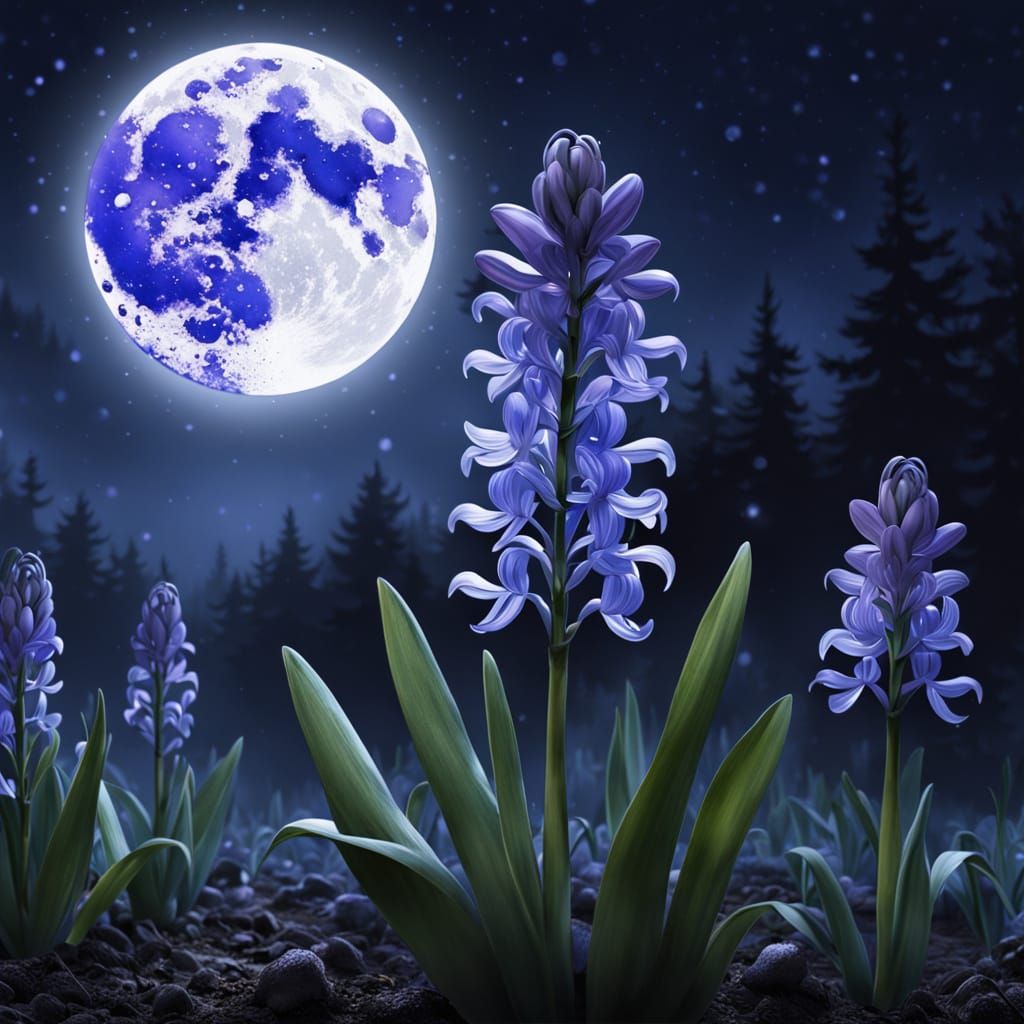 Mystical Purple Hyacinth Blooms Under Full Moon