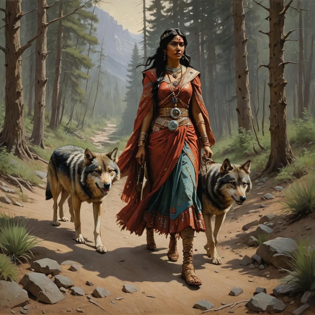 Indian Princess and Wolf, Oil Painting