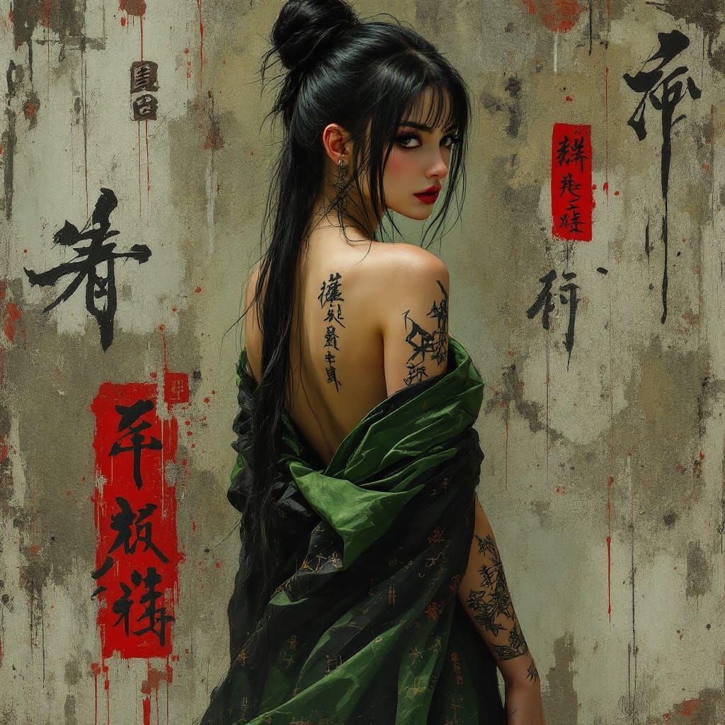 Enchantress with Runic Tattoos in Surreal Setting