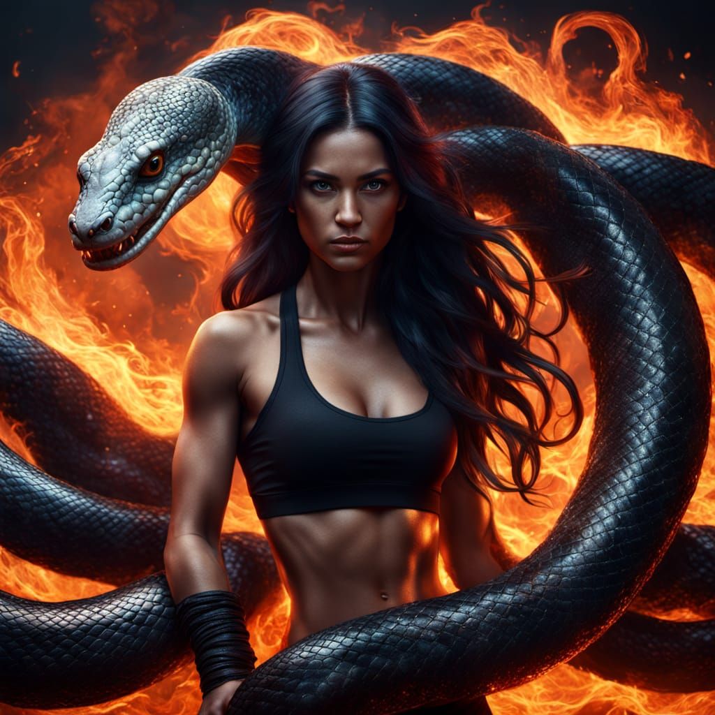 Fitness Goddess Surrounded by Blazing Boa in Ethereal Realis...