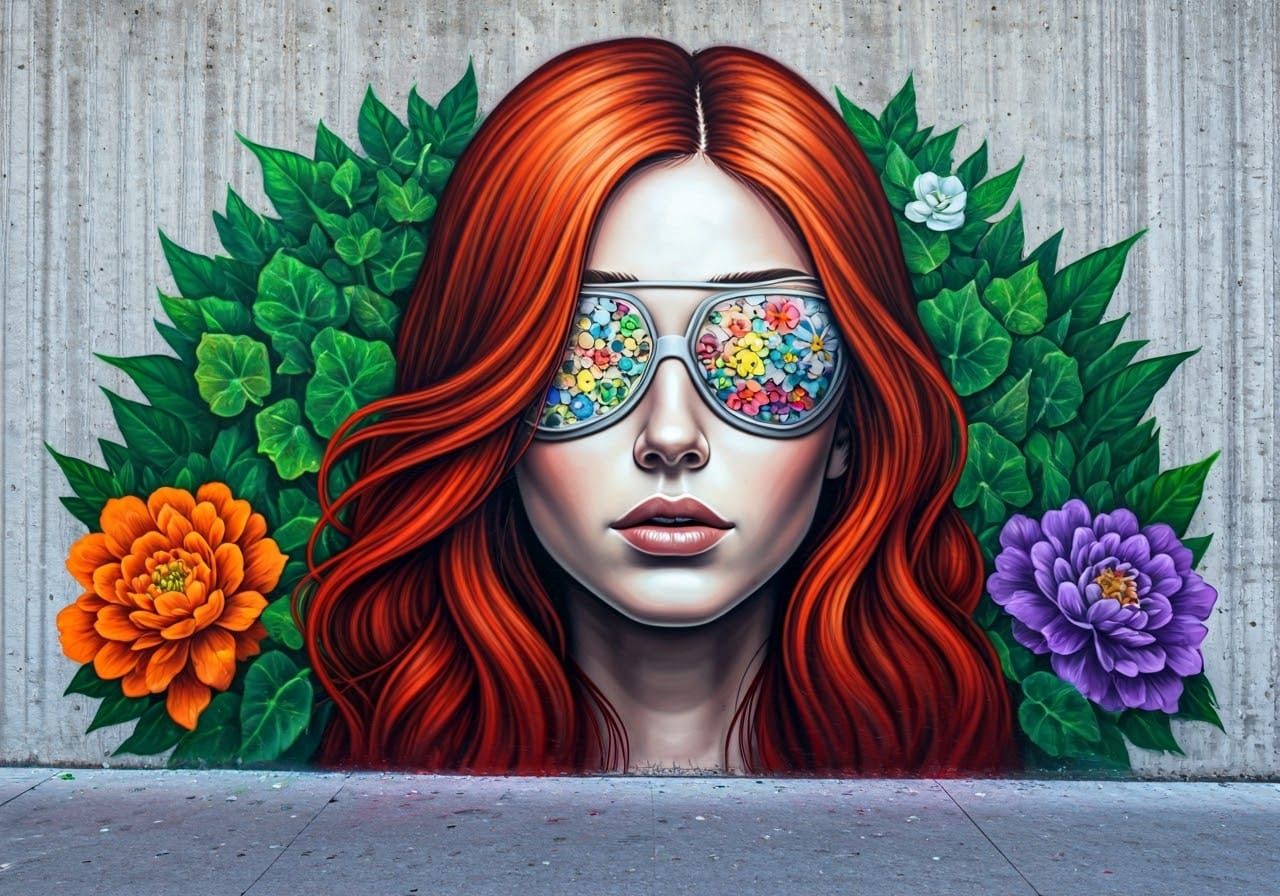 Vibrant Graffiti Art: Redhead with Floral Eyepatch