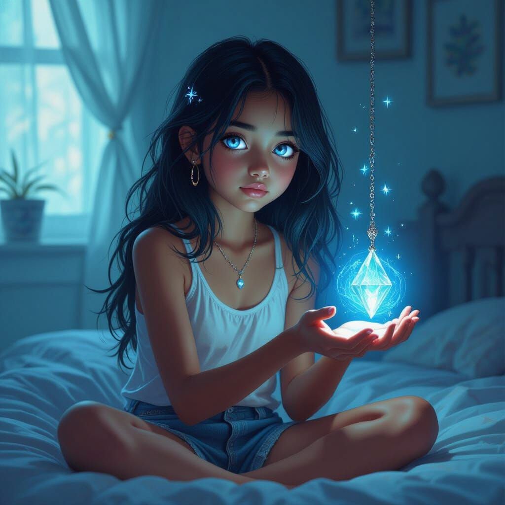 Indian Girl Mesmerized in Bedroom, Digital Art