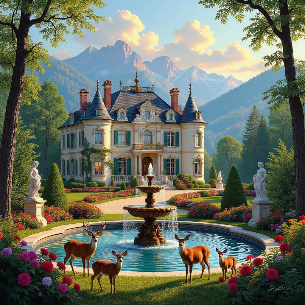 Majestic French Chateau in Springtime Forest Landscape