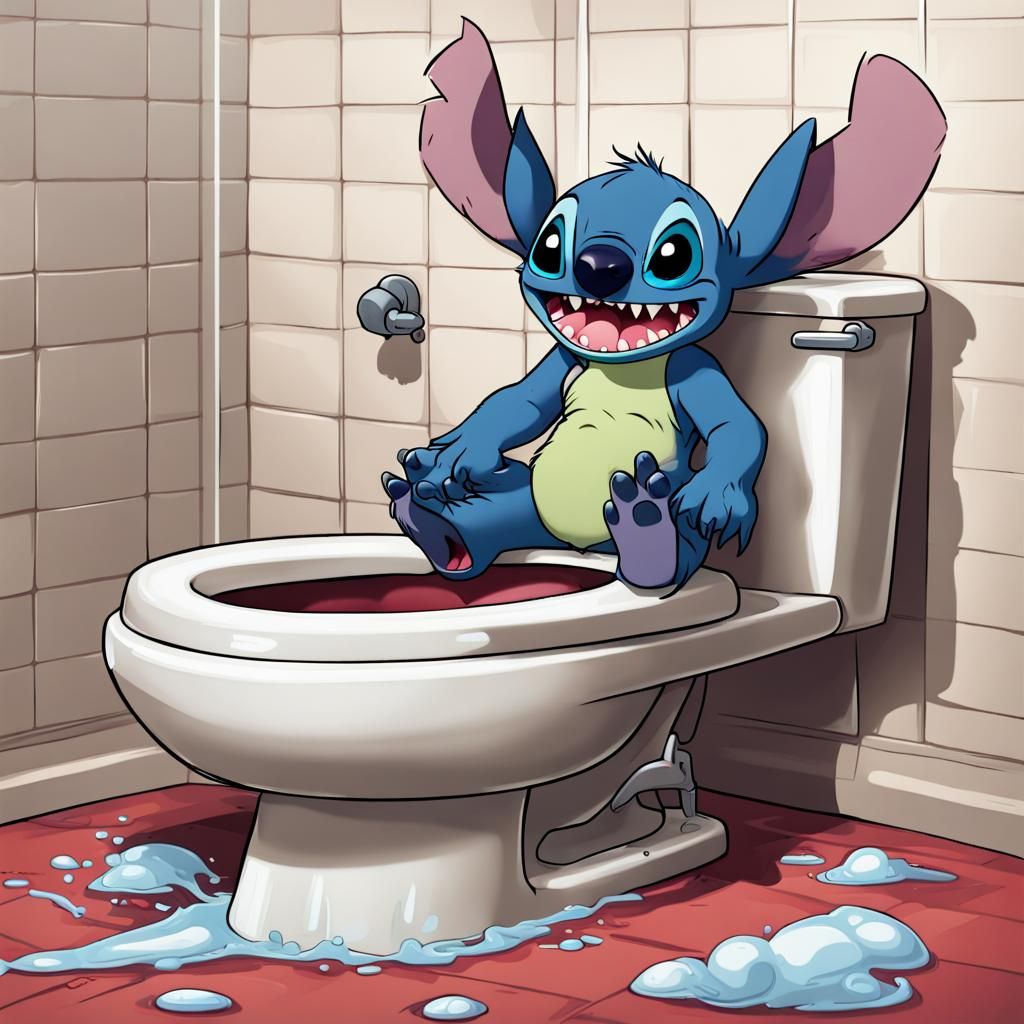 Furious Stitch Overflows Toilet in Cartoon Style