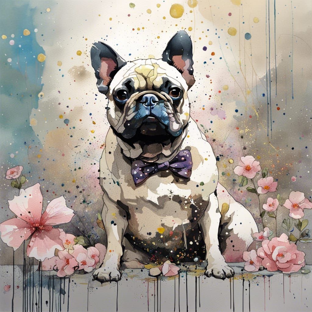 Watercolor French Bulldog Portrait with Glitter and Flowers