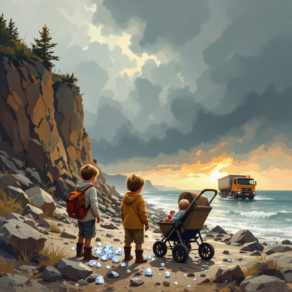 Children Diamond Hunting on Cliffside in Stormy Weather