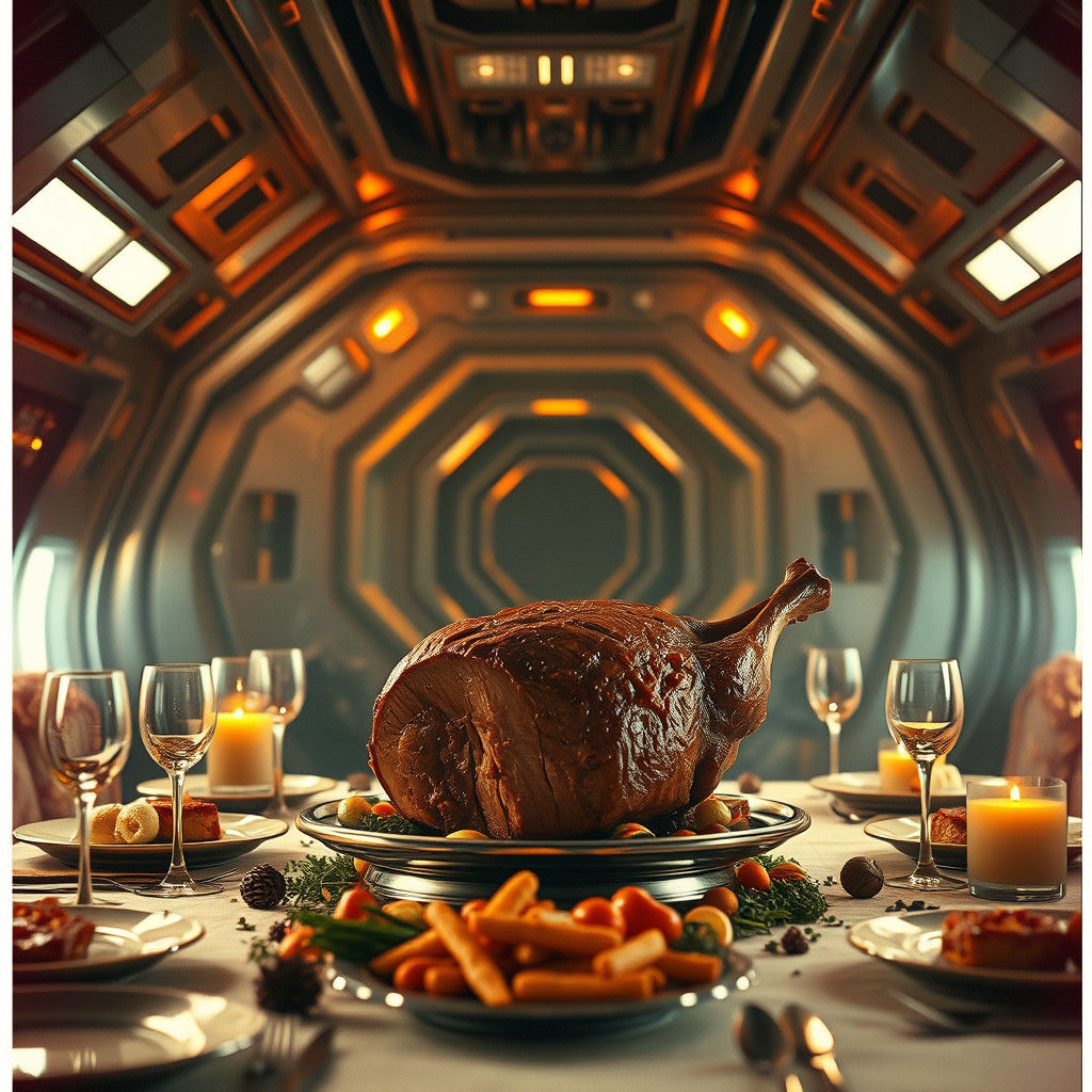 A Spaceship Feast Unfolds with Golden-Brown Roast Beef in Ci...
