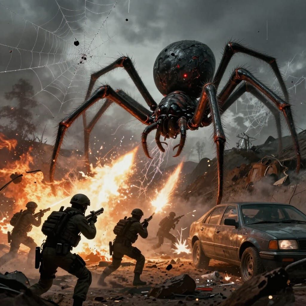 Soldiers Battle Giant Spider in Fiery Hillside Combat
