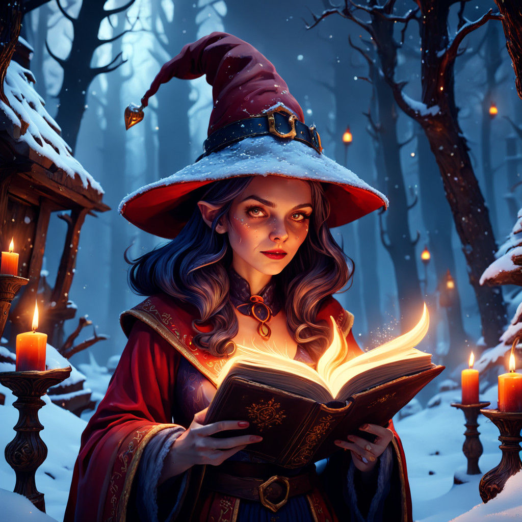 Mystical Witch in Santa's Attire, Surrounded by Magical Cand...