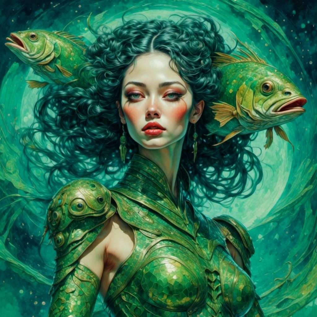 Fish Alien Woman in Starry Sci-Fi City