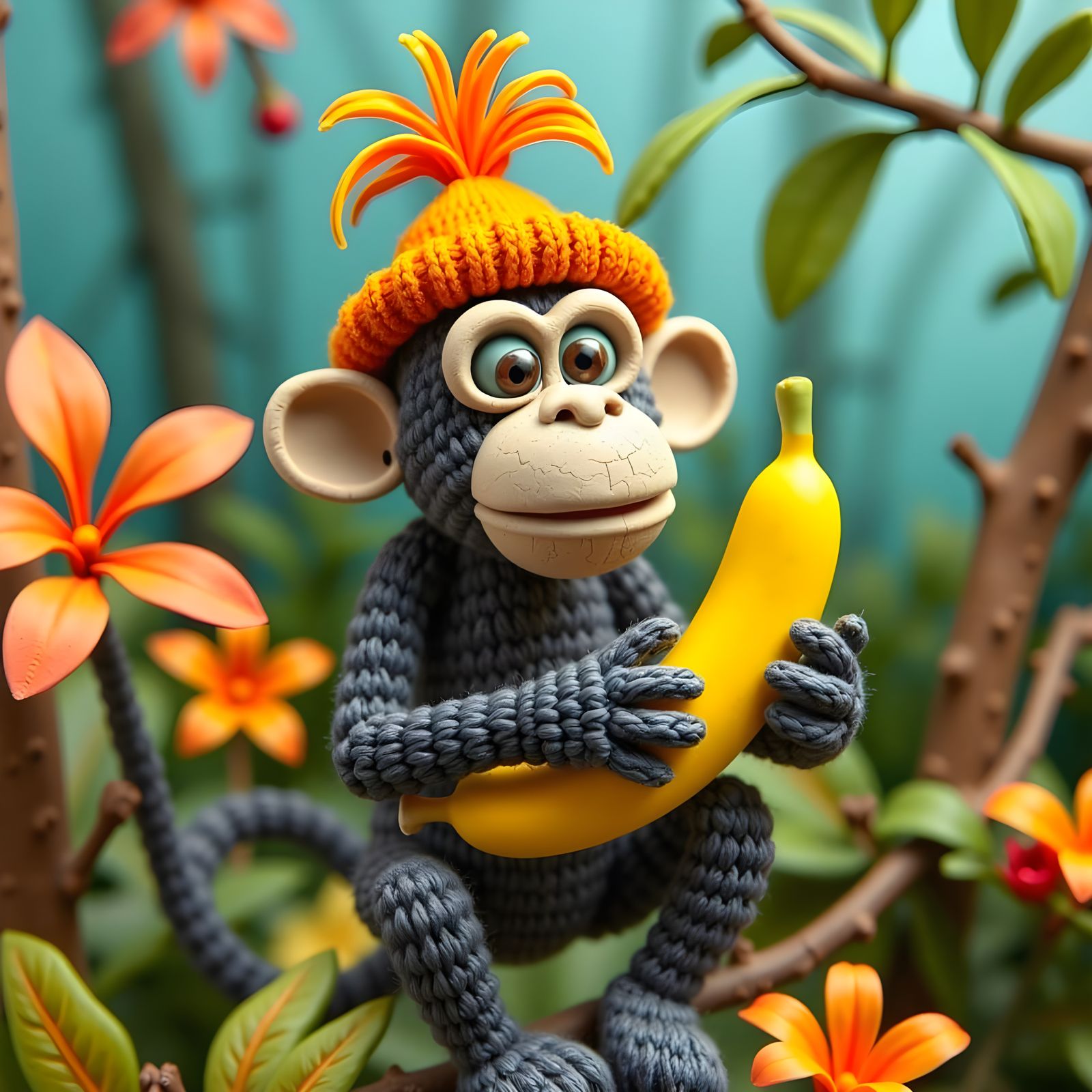 Knitted Monkey in Jungle, Claymation Style
