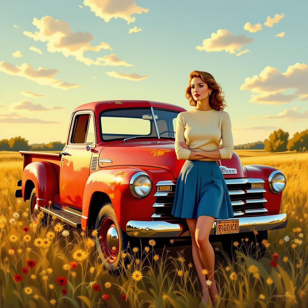 Woman by Classic Pickup Truck in Sunlit Weeds