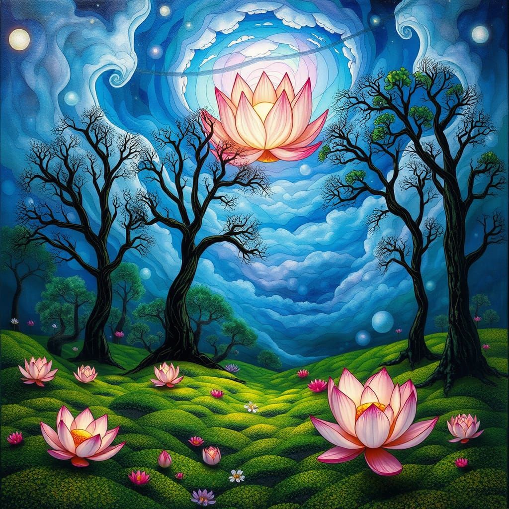 Surreal Forest Glade with Stained Glass Trees and Swirling N...