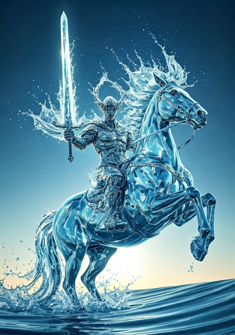 Majestic Water Warrior Rides Fluid Horse with Shimmering Swo...